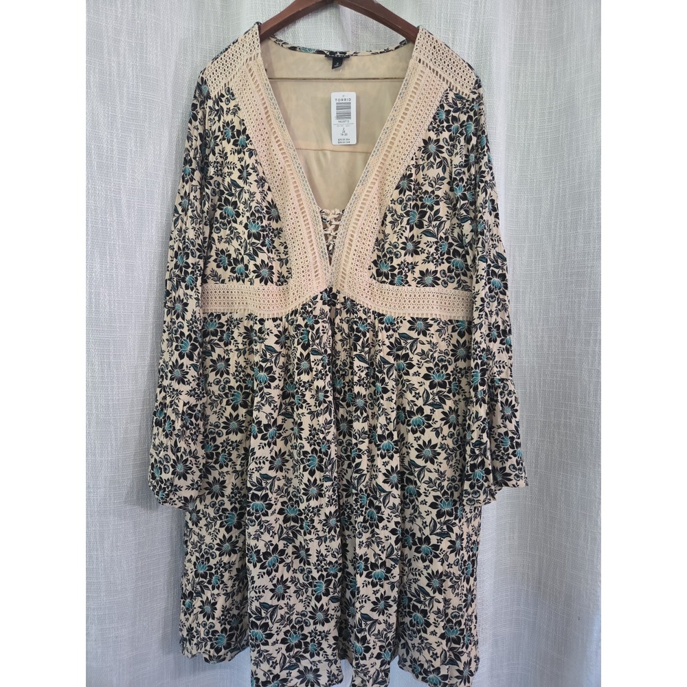 Torrid Floral Mini Gauze Lace-Up Skater Bell Sleeves Dress Boho Sz 2 (18/20) NEW